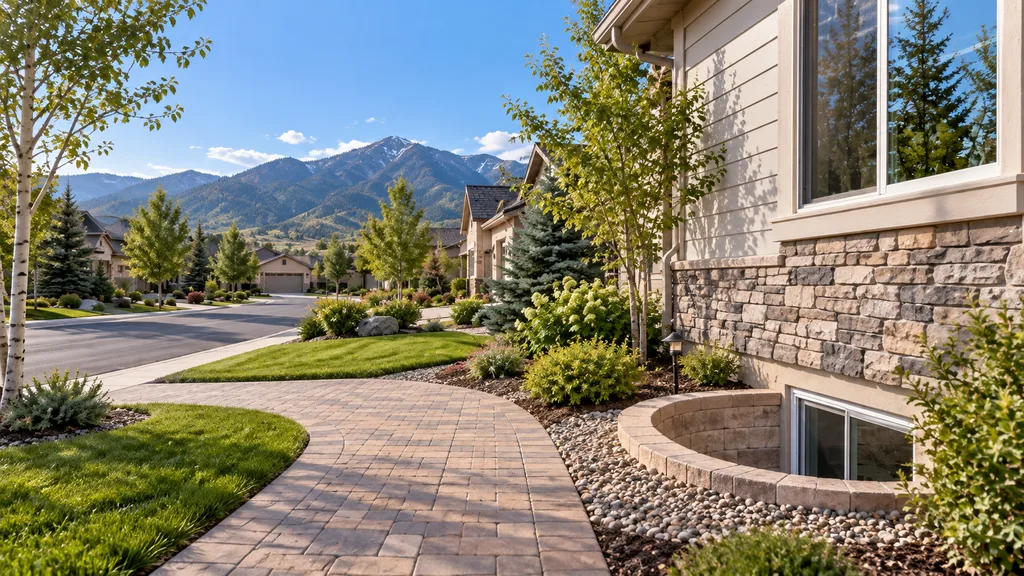 Basement window well surrounded by gravel, lawn, and a paved garden path showing the surrounding ground surfaces